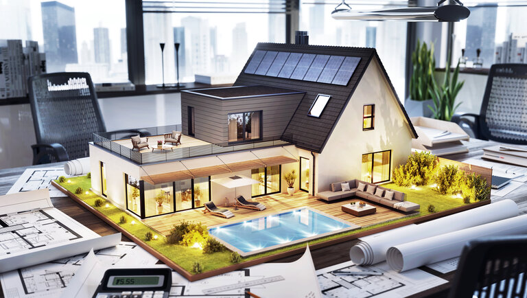 Konstruktionsplan und Haus Design Entwicklung. Modernes Haus mit Sonnenkollektoren.
