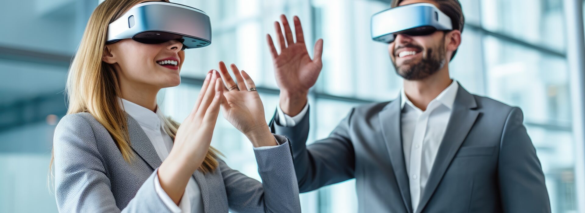 Ein Mann und eine Frau in Business-Kleidung tragen VR-Brillen in einem modernen Büro und interagieren mit virtuellen Inhalten, präsentiert von einer führenden Virtual Reality Agentur