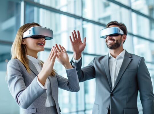 Ein Mann und eine Frau in Business-Kleidung tragen VR-Brillen in einem modernen Büro und interagieren mit virtuellen Inhalten, präsentiert von einer führenden Virtual Reality Agentur