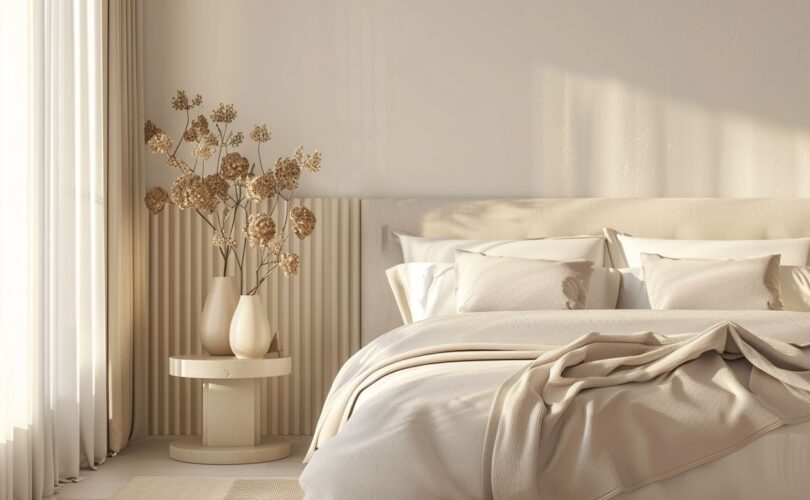 Hochwertiges Boxspringbett in Beige mit stilvoller Bettwäsche, modernen Vasen und natürlicher Lichtstimmung im Schlafzimmer.