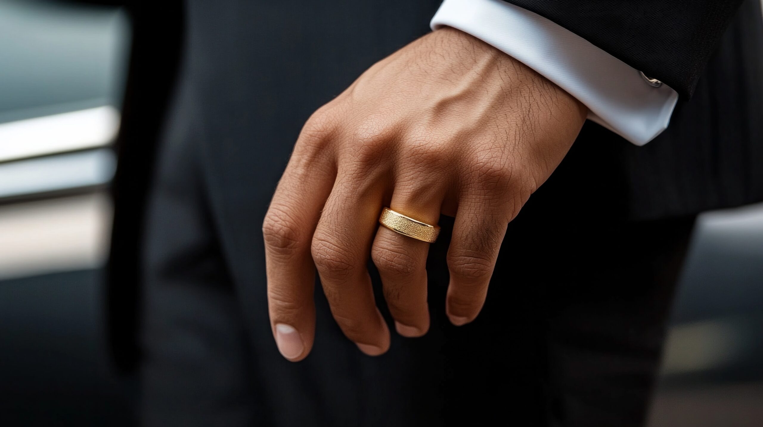 Maennerhand mit Ehering aus Platin – elegante Aufnahme im Anzug vor dunklem Hintergrund