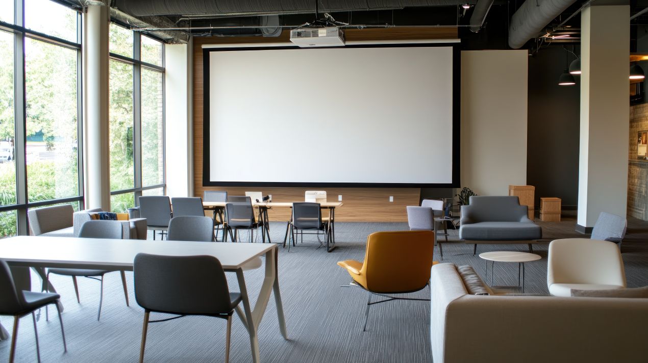 Düsseldorf Tagungsräume mit modularer Einrichtung, grossen Fenstern und Leinwand – ideal für kreative Meetings und Workshops