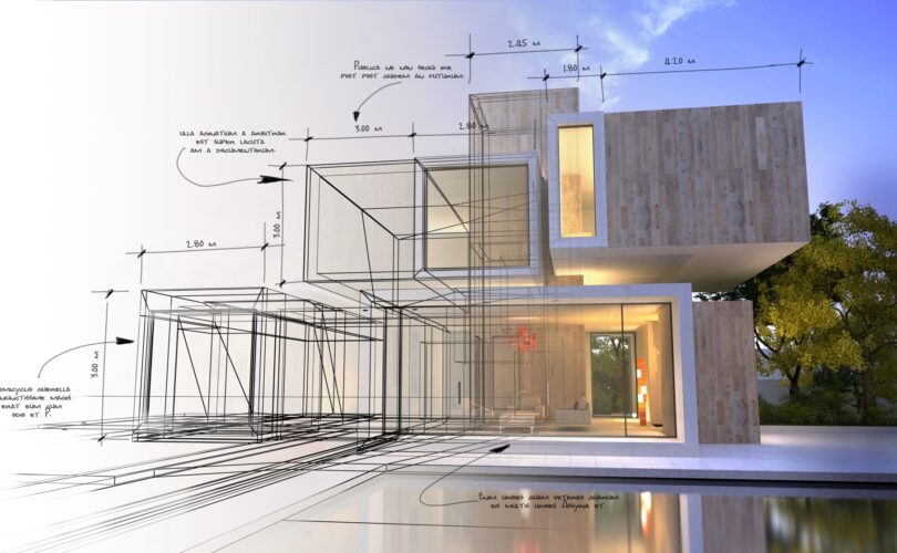 Architekturzeichnung kombiniert mit modernem Haus | Gründach