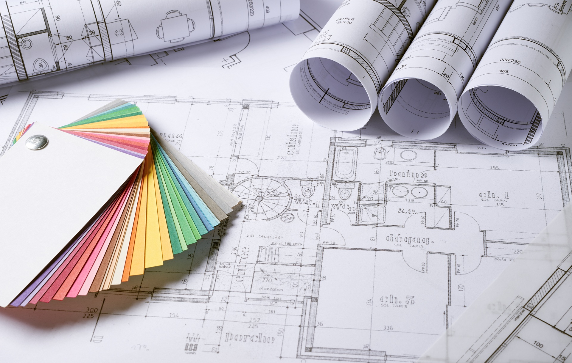 Architekturpläne mit Farbfächer für Planung | Gründach