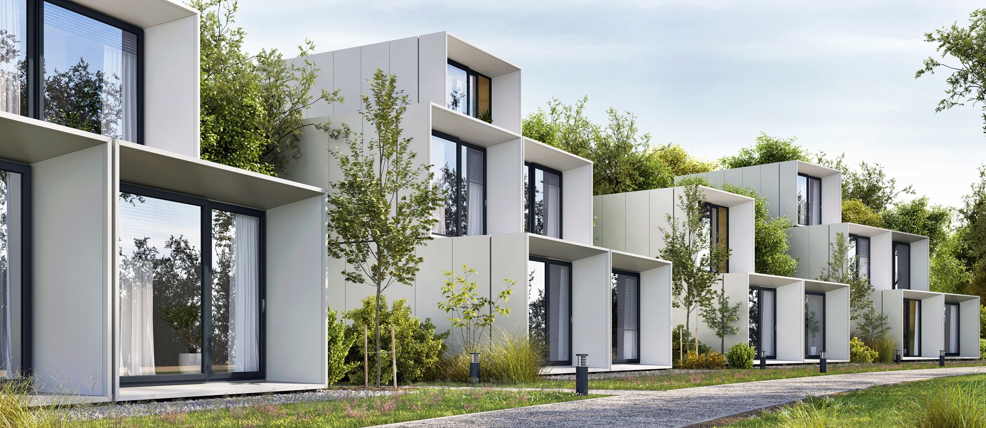 Reihen moderner Haeuser mit Naturbezug | Gruendach