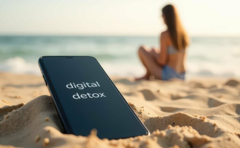 Smartphone mit Digital Detox Schriftzug am Strand | Macbook verkaufen