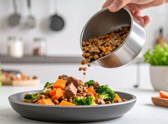 Händisches Eingießen von frisch zubereitetem Hundefutter in eine Schüssel mit ausgewogenem Mix aus Proteinen und Gemüse