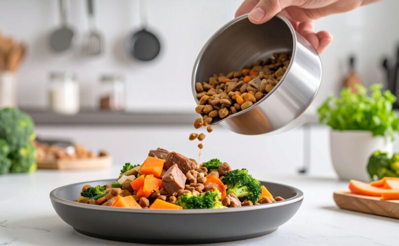 Händisches Eingießen von frisch zubereitetem Hundefutter in eine Schüssel mit ausgewogenem Mix aus Proteinen und Gemüse