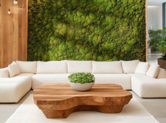 Biophiles gemütliches Wohnzimmer, übergroßes klobiges Stricksofa aus dicker Elfenbeinwolle, skulpturale Holz-Mosaikwand mit integrierten Moos-Panels