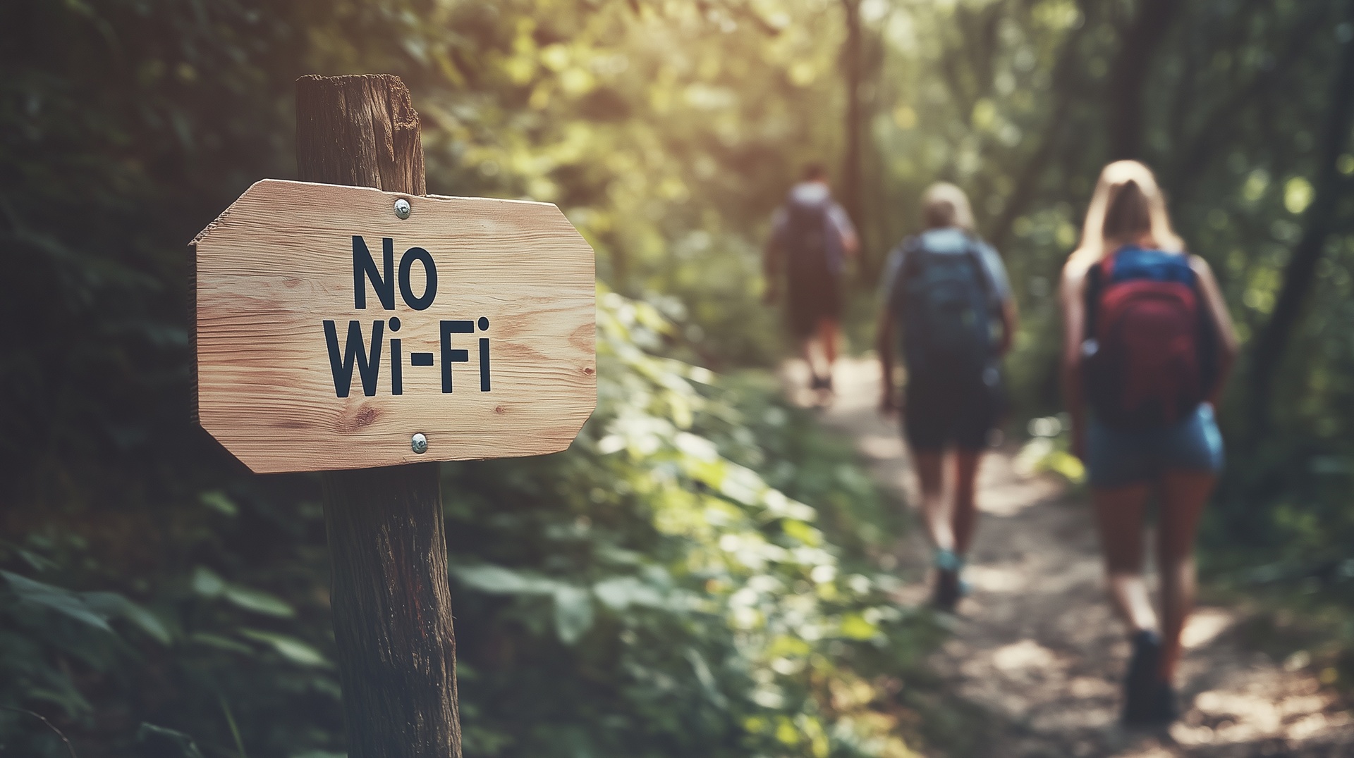 Holzschild No Wi-Fi am Wanderweg im Wald | Macbook verkaufen