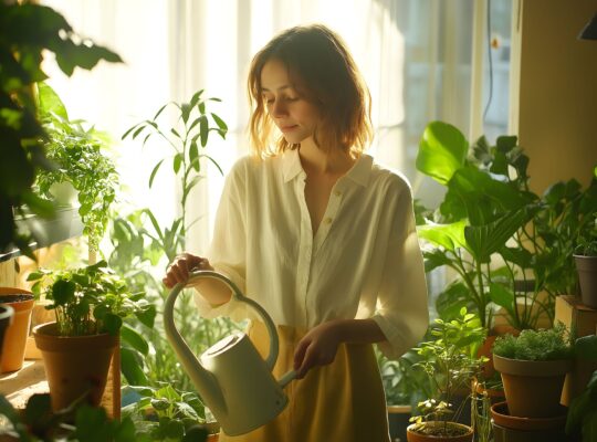 Frau gießt grüne Zimmerpflanzen am Fenster | Blumentopf