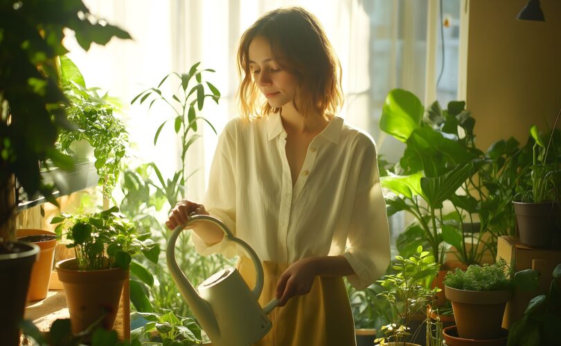 Frau gießt grüne Zimmerpflanzen am Fenster | Blumentopf