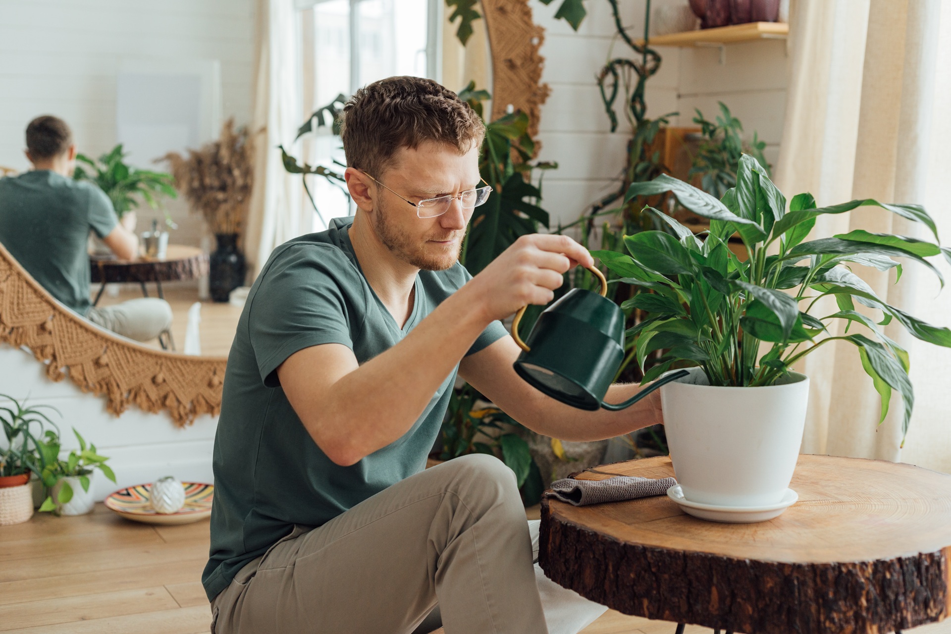 Mann mit Giesskanne pflegt Zimmerpflanze im Wohnzimmer | Blumentopf