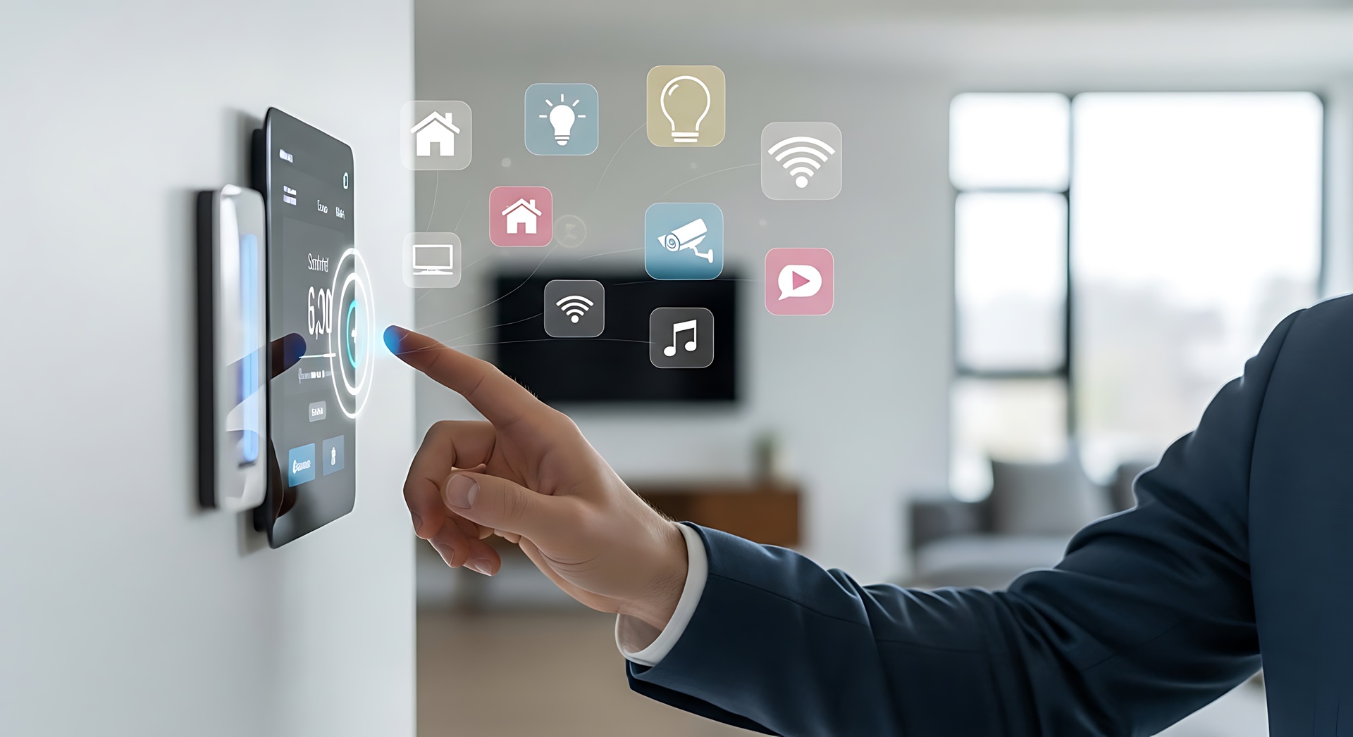Finger bedient digitales Smart-Home-Panel an der Wand | Abwassertank flach